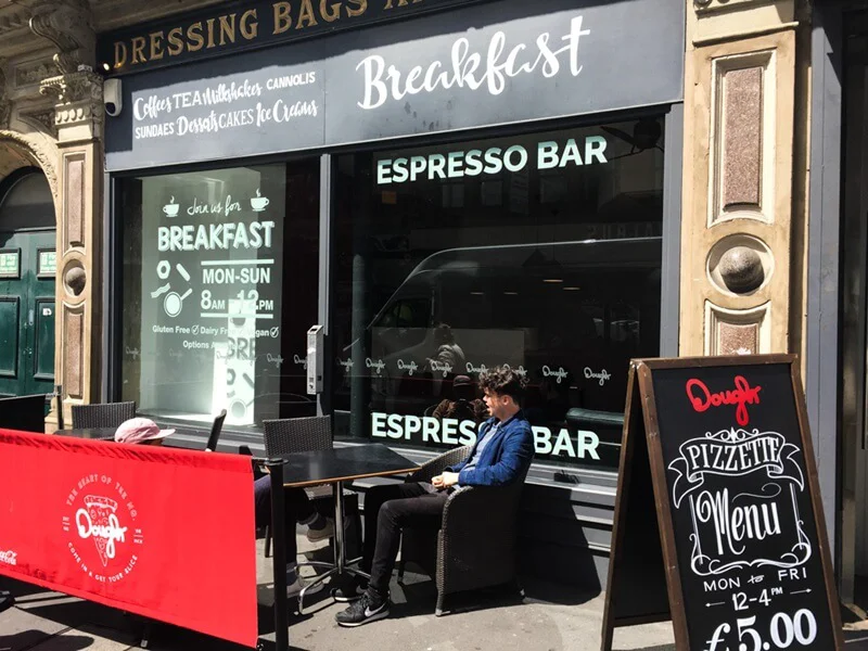 An image of the breakfast and espresso signage for a storefront restaurant.